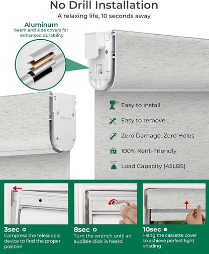 Allesin No Drill Motorized Blinds with Remote | Rechargeable Smart Blackout Roller Shades, Cordless Electric Window Blinds for Bedroom, Living Room, Home Office, Cream-Linen 22x72 Inches
