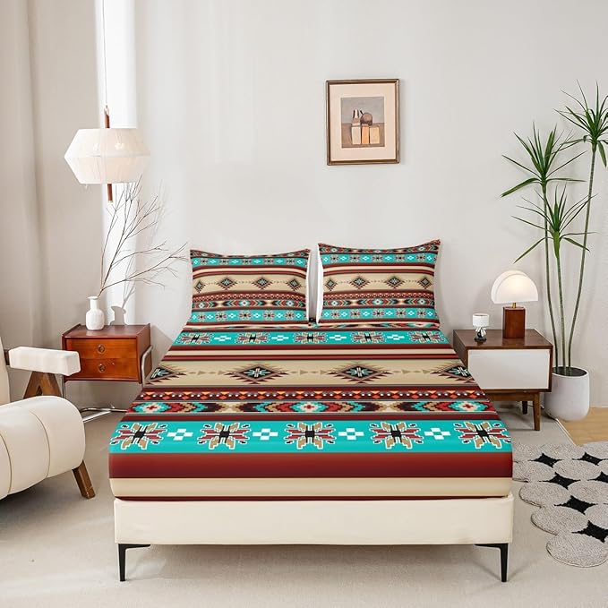 Manfei Aztec Geometric Bed Sheets Full Size,Southwest Tribal Ethnic Boho Easy Wash Bedding Set,Rustic Farmhouse Bohemian Boys Girls Room Decor,Teal Red Brown Sheet(Fitted+Flat+2 Pillowcases)