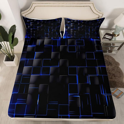 Manfei Geometric Sheet Set Full Size, Abstract Square Grid Bed Sheet Set 4pcs with Deep Pocket Fitted Sheet + Flat Sheet + 2 Pillowcases, Royal Blue and Black Bedding Set for Kids Boy Teen Room Decor