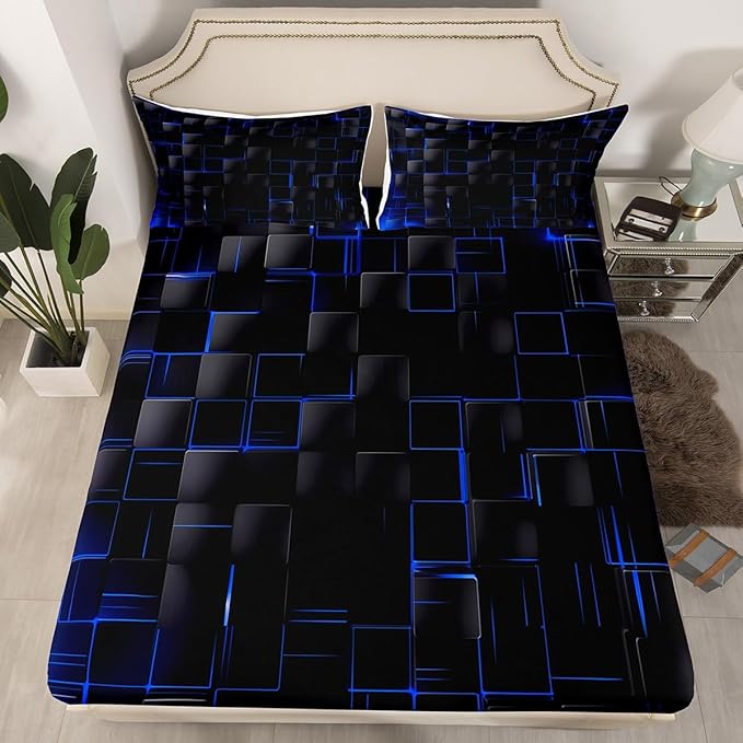 Manfei Geometric Sheet Set King Size, Abstract Square Grid Bed Sheet Set 4pcs with Deep Pocket Fitted Sheet + Flat Sheet + 2 Pillowcases, Royal Blue and Black Bedding Set for Kids Boy Teen Room Decor