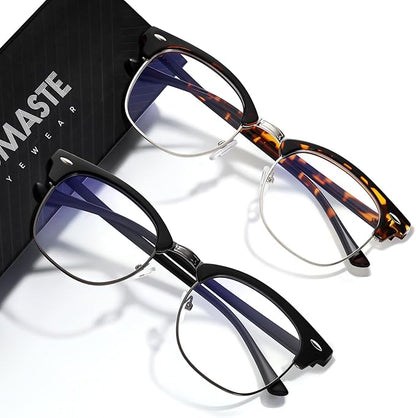 Blue Light Blocking Glasses Vintage Half Frame UV Clear Lens Anti Eyestrain Computer Gaming Glasses for Women Men (F09-yellow Tortoise+matte Black Silver)
