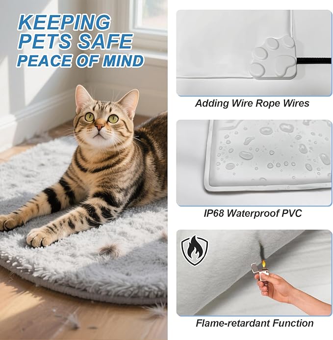 Cat Heating Pad 17 x 13 in with Smart Thermostat Switch and Power Line Protection Tube,Obtained MET and UL Dual Certification,Waterproof Pet Heating Pad for Cats, with Long Velvet Cloth Cover