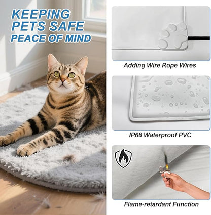 Cat Heating Pad 17 x 13 in with Smart Thermostat Switch and Power Line Protection Tube,Obtained MET and UL Dual Certification,Waterproof Pet Heating Pad for Cats, with Long Velvet Cloth Cover