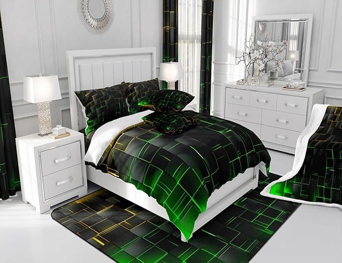 Manfei Yellow and Green Sheet Set Queen Size, Abstract Geometric Grid Bed Sheet Set 4pcs with Deep Pocket Fitted Sheet + Flat Sheet + 2 Pillowcases, Black Square Lattice Bedding Set for Kids Boys Teen