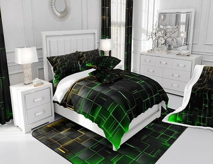 Manfei Yellow and Green Sheet Set Queen Size, Abstract Geometric Grid Bed Sheet Set 4pcs with Deep Pocket Fitted Sheet + Flat Sheet + 2 Pillowcases, Black Square Lattice Bedding Set for Kids Boys Teen