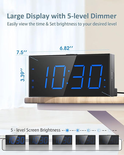 Roxicosly Loud Alarm Clock with Bed Shaker, Vibrating Alarm Clock for Heavy Sleepers/Hard of Hearing/Deaf,Dual Alarms, 7.5’’ Large LED Display, Dimmer, USB Charging Port, Plug-in with Memory Function