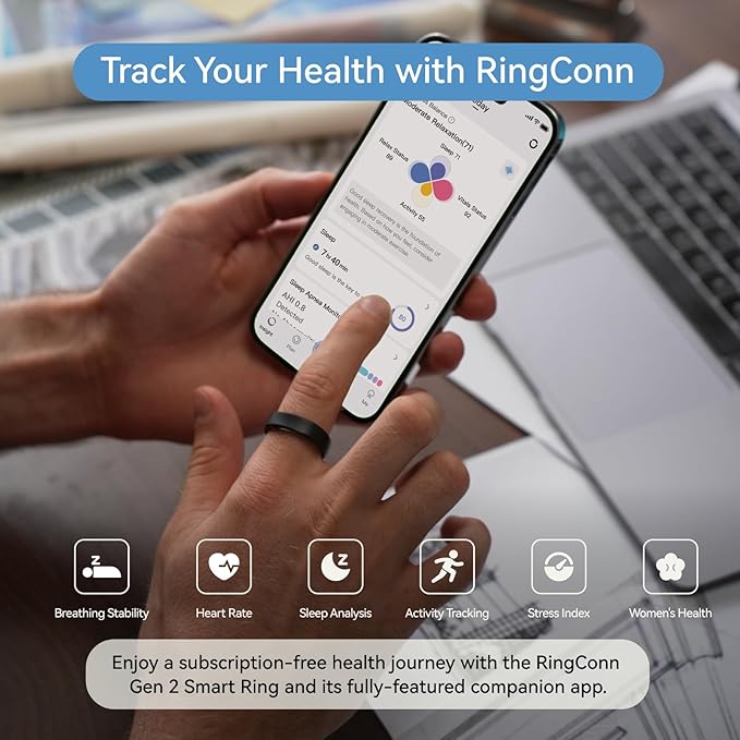 RingConn Gen 2 Smart Ring, No App Subscription, 12-Day Battery Life, Stress/Heart Rate/Women's Health Tracker, Android & iOS Compatible (Black, Size 11)