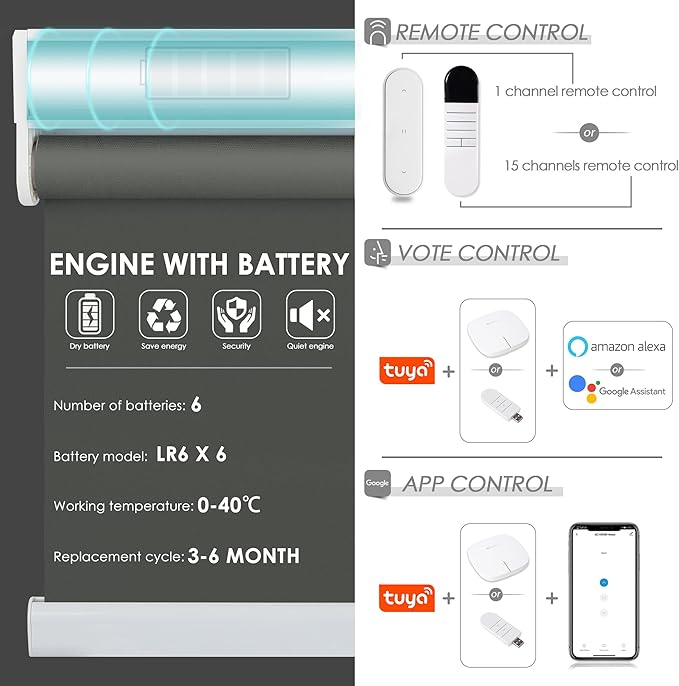 Allesin Motorized Roller Shade Work with Alexa for Window, 100% Blackout Smart Shades Cordless with Remote Control, Electric Automated Blinds for Window, Customized Size for Smart Home (Smoky Grey)