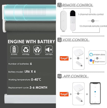 Allesin Motorized Roller Shade Work with Alexa for Window, 100% Blackout Smart Shades Cordless with Remote Control, Electric Automated Blinds for Window, Customized Size for Smart Home (Smoky Grey)