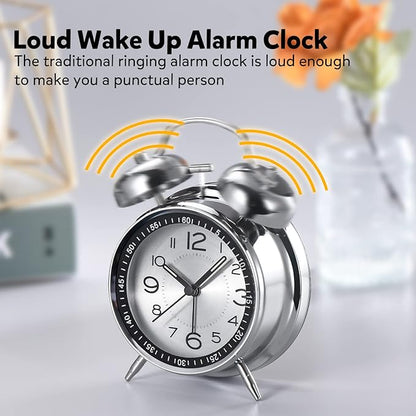 Cadmos Loud Alarm Clock for Heavy Sleepers Adults,Retro 4 Inch Silent Non-Ticking Quartz with Backlight,Twin Bell Analog Kids Alarm Clocks for Bedrooms Bedside (Black)