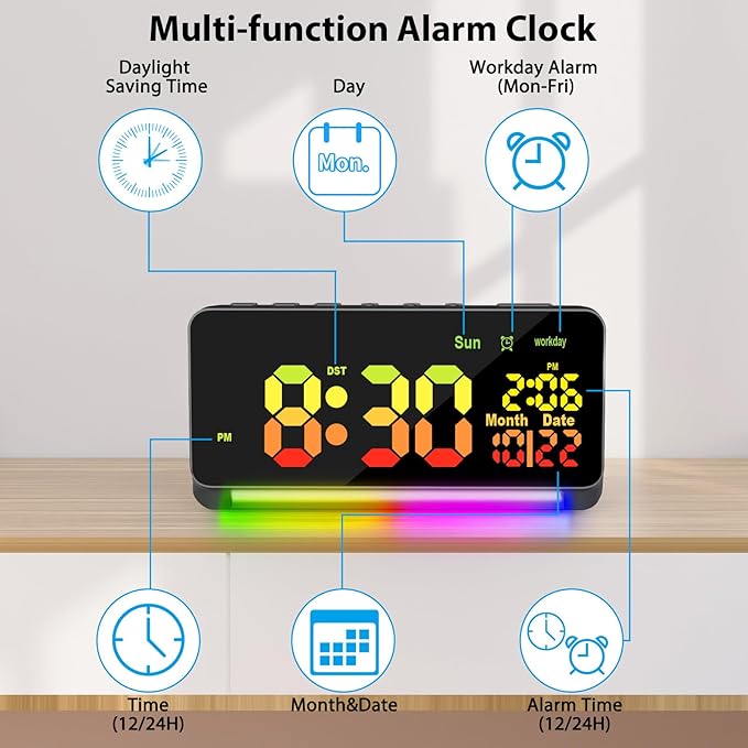 Samshow 120db Super Loud Alarm Clock Heavy Sleepers Adults, Loud Alarm Clock Bluetooth Sync Time,15 Wake Up Sounds, 7 Color Night Light, Dynamic RGB Color, 0-100% Dimmer, Snooze,DST, LED Dispay