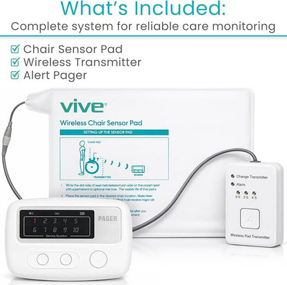 Vive Wireless Chair Alarm - Wheelchair Motion Sensor Kit for Elderly Dementia Patients - Weight Movement Pressure Pad Detector - Automatic Health Alert System for Mat Elderly