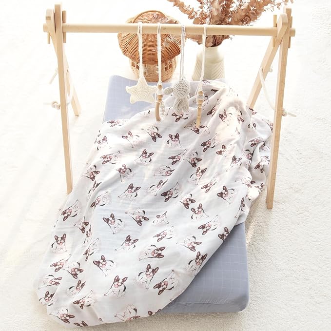 LifeTree Baby Swaddle Blankets Dog, Muslin Swaddle Blankets Boys Girls Swaddling Wrap Receiving Blanket for Newborn, 70% Viscose from Bamboo and 30% Cotton, Large 47" x 47", French Bulldog