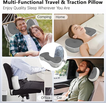 Cervical Neck Roll Pillow, Say Goodbye to Neck Pain, Travel Neck Support Pillow for Side Sleepers, Ergonomic Memory Foam Camping Pillow, Cervical Traction Device with Storage Bag