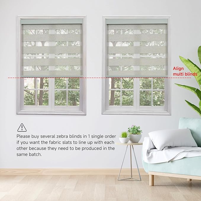 Motorized Zebra Blinds, Cordless Blackout Window Shades with Remote, Custom Dual Layer Smart Roller Shades Compatible with Alexa Google Assistant, Automatic Light Filtering Blinds,Warm Grey