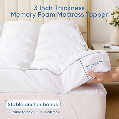 Memory Foam Queen Mattress Topper, Bed Topper with 3 Inch Extra Thick Shredded Foam, 100% Cotton Mattress Pad Cover, Breathable & Skin-Friendly Queen Size Mattress Topper with Anchor Straps