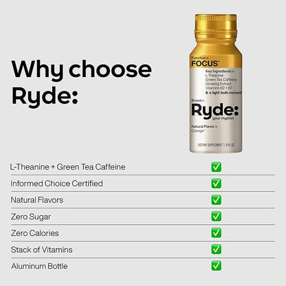 Ryde: Focus Shot | Orange Flavor | L-Theanine & Ginseng | Green Tea Caffeine | Vitamins B2 & B7 | 0 Calories, 0 Sugar | 2 FL OZ Shots | Supports Focus* (8 Pack)