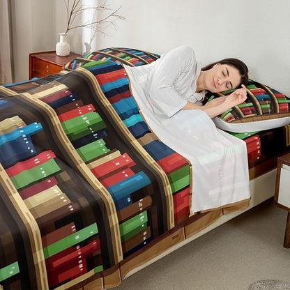 Pixel Vedio Game Kids Sheet King Size,Pixelated Bookshelf Bookcase Easy Wash Bedding Set,Books Modern Building Games Boys Girls Room Decor,Colorful Sheet(Fitted+Flat+2 Pillowcases)
