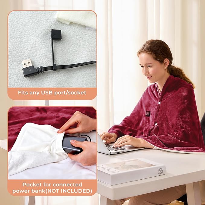 JOLLYVOGUE USB Heated Blanket Throw, Wearable & Portable Heating Electric Blanket for Adults, 3 Levels & 8 Heating Zone Shawl for Indoor & Outdoor, Red (Battery Not Included)