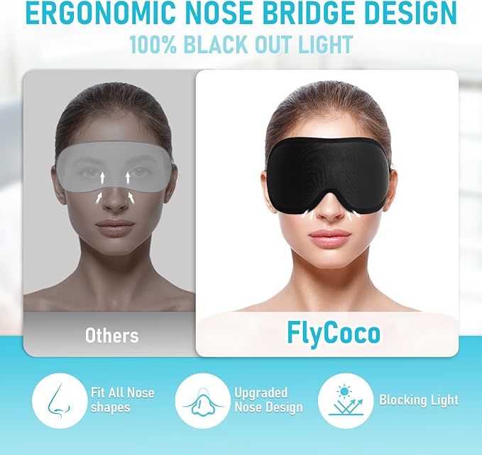 FlyCoco Sleep Mask - Zero Eye Pressure 3D Contoured Cup 99% Black Out Mask, Soft Breathable Lightweight Sleeping Mask with Adjustable Strap, Eye Cover for Yoga Traveling (Black 2pack)