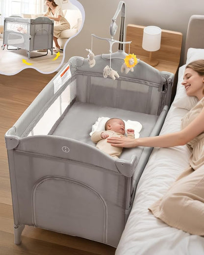 Ktaxon 5 in 1 Baby Bassinets Bedside Sleeper, Pack and Play, Baby Crib with Cradle Mode, Bedside Storage, Detachable Mattress, Fast Folding Design, Travel Bag, Playard from Newborn to Toddler