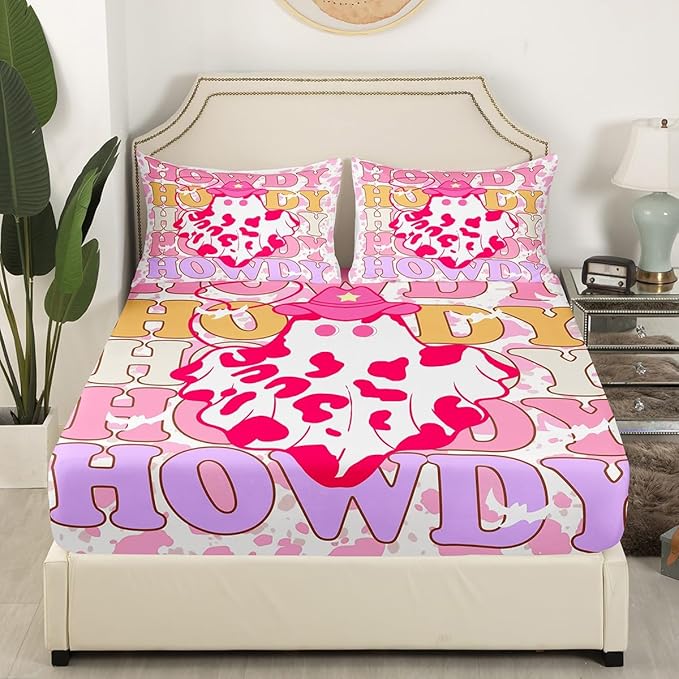 Western Ghost Bedding Set Twin Size Tribal Cowgirl Hat Cute Ghost Halloween Bed Set for Teens Kids Sheet Rustic Pink Cowhide Kawaii Cow Fur Print Bed Cover(1 Fitted Sheet+1 Pillow Case)