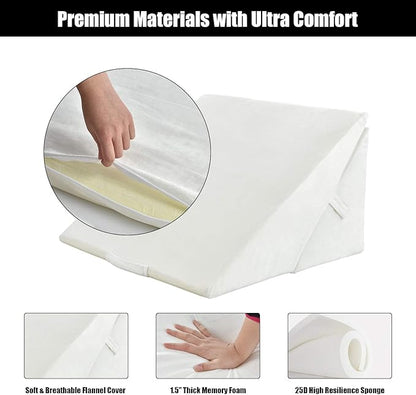 KOMFOTT Bed Wedge Rest Pillow - Adjustable Memory Foam Incline Cushion Triangle Back Support Reading Pillow w/Removable Case Cover for Back Pain, 14" Height, White Pillow