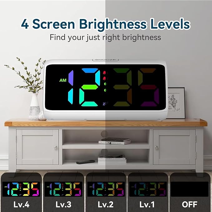 Netzu Loud Alarm Clock for Heavy Sleepers, Plug-in RGB Vibrating Alarm Clocks with Bed Shaker, 5 Dimmers, 2 Alarms and Snooze for Bedrooms Hearing Impaired Deaf Adults (White)