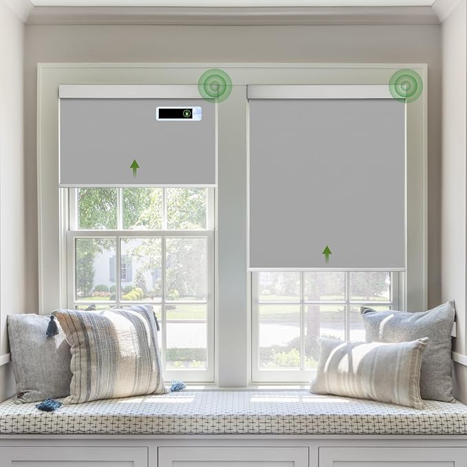 Motorized Blinds with Remote, Blackout Cooling Automatic Shades with Solar Panel Cordless Smart Blinds for Windows, Custom Electric Blinds Horizontal Roller Shades,Gray,50" W X 72" H
