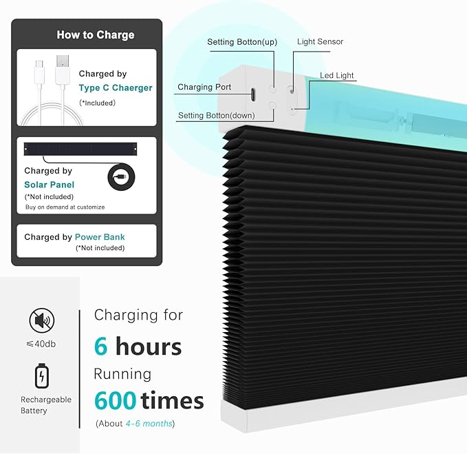Changshade Automatic Blackout Blinds Motorized Cellular Shades with Remote Control Custom Size, Honeycomb Electric Smart Blinds for Indoor Windows Work with Alexa, Google Home, Light Blocking, Black