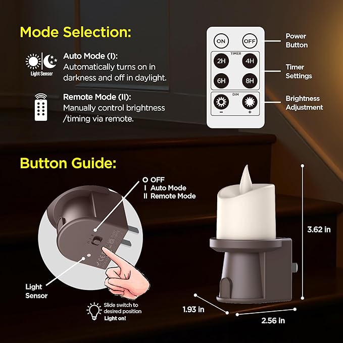2-in-1 Plug in Night Light (4 Pack) - Dual Mode: Sensor & Remote Control - Modern Farmhouse Black Candle Wall Sconce for Industrial Decor, Hallway, Halloween(Black, 4 Pack)