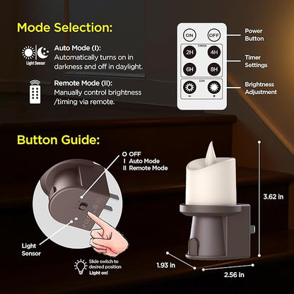 2-in-1 Plug in Night Light (2 Pack) - Dual Mode: Dusk to Dawn Sensor OR Remote Control with Timer - Dimmable Electric Candle Wall Sconce for Farmhouse Decor, Hallway, Bedroom (Bronze)
