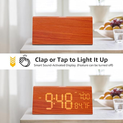 OhM-ega Wooden Digital Alarm Clock, Electric Clocks with Dual USB Port, Large Numbers, Temperature Display, Brightness Dimmer, Sound-Activated Display, Snooze, 12/24H, Brown
