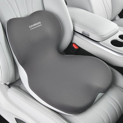 Coverado Car Seat Cushion and Lumbar Support Pillow One Piece, Memory Foam Ergonomic Back Support Driving Seat Cushion for Back Pain, Non-Slip Washable Cushion for Car, Driver, Office