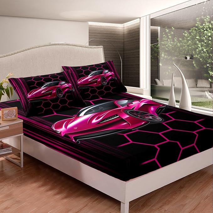 Sports Car Bed Sheet Set Home Decor Pink Race Car Sheet Sets Deep Pocket,Neon Lines Geometric Honeycomb Mattress Cover,Twin Size with 1 Pillowcase
