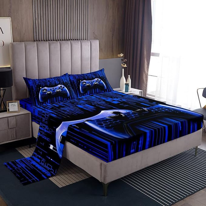 Manfei Gamer Gamepad Kids Sheet King Size,Video Gaming Gamepad Controller Bedding Set,Boys Girls Room Decor,Neon Lights Geometric Fashion Dark Blue Bed Sheet Set 4pcs(Fitted + Flat + 2 Pillowcases)