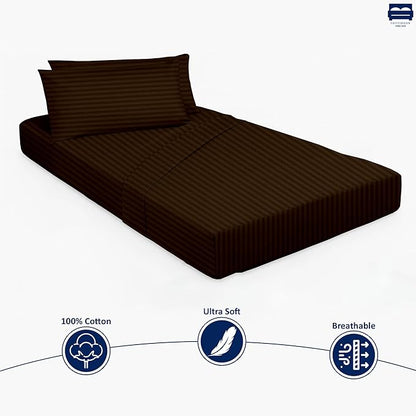 Cot Sheet and Pillow Case 4 Piece Set - 1 cot Fitted Sheet 33" x 75", 1 cot Flat Sheet 64"x 94", 2 Pillow Cases 20"x 30" Perfect for Folding Guest Bed Frame,Rollaway Beds (Chocolate Stripe)
