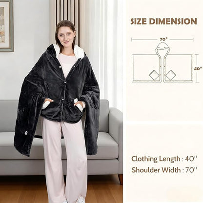 Wearable Heated Blanket, 40"x70" Eletric Throw with 6 Heating Levels and 12 Hours Timer, Heated Wrap Poncho Shawl & Hoodies with Pockets, Machine Washable with ETL Certification, Gray