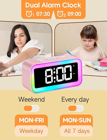 Cadmos Cute Pink Loud Alarm Clock with RGB Night Light - Perfect for Girls Room Decor and Kawaii Gifts, Small Size for Bedside or Desk Lamp in Bedrooms, Ideal for Kids, Teens (Light Pink)