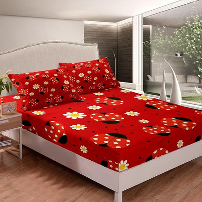 Ladybug Fitted Sheet Queen,Boho Daisy Red Black Polka Dot Bed Sheet 3 Pieces Fits Mattress,Watercolor Flowers Cartoon Decorative Fabric Bedding All-Round Elastic Pocket