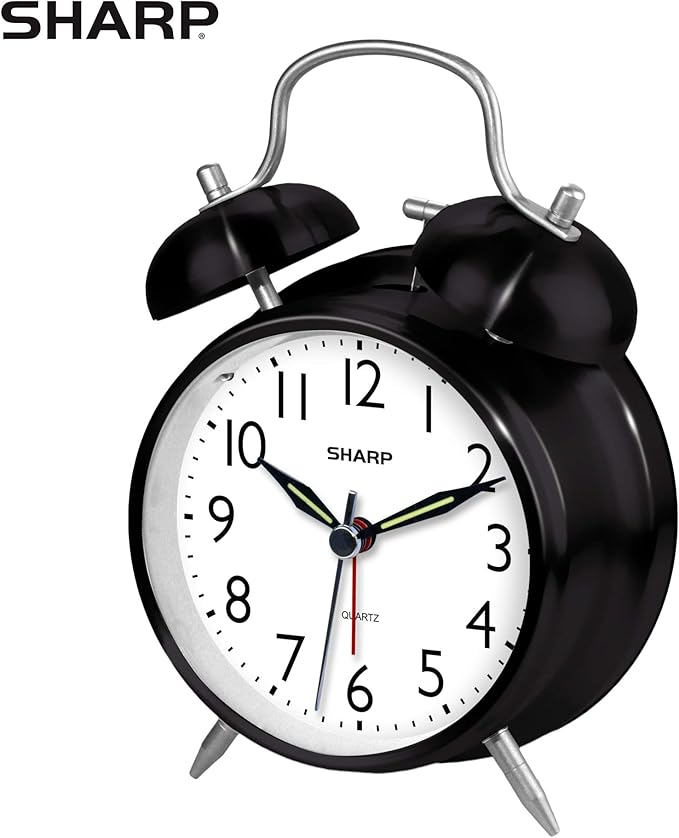 Sharp Twin Bell Alarm Clock - Loud Alarm - Great for Heavy Sleepers - Battery Operated Quartz Analog Clock (Midnight Black)