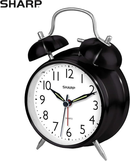 Sharp Twin Bell Alarm Clock - Loud Alarm - Great for Heavy Sleepers - Battery Operated Quartz Analog Clock (Midnight Black)
