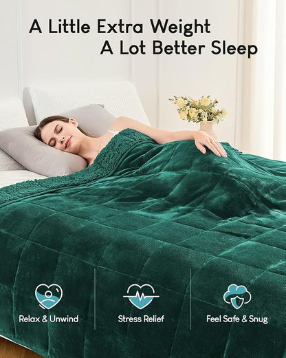 Cottonblue Sherpa Fleece Weighted Blanket 15lbs for Twin/Full Ded - Plush Bed Blanket for Deep Sleep and Relaxation, Heavy Calm Blankets with Cemaric Beads, 48x72 Inches,Green