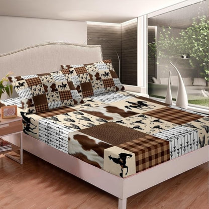 Western Cowboy Bed Cover(1 Fitted Sheet+1 Pillow Case),Rustic Cow Fur Bull Skull Horseshoe Arrow Bedding Set for Room Decor,American West Brown Plaids Patchwork Bed Sheet Set,3Pcs Full Size