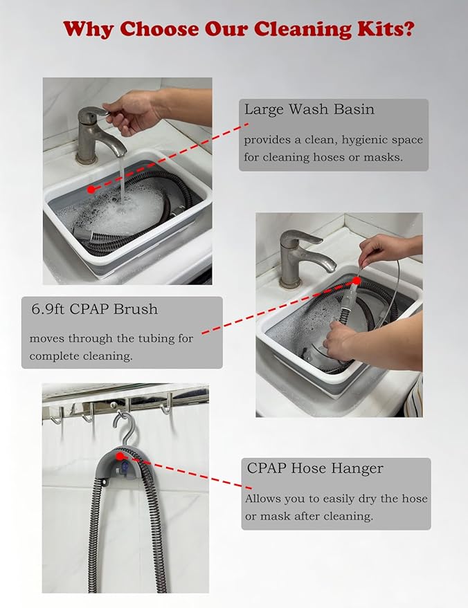 CPAP Cleaning Kit for Hose and Mask, Cpap Machine Supplies Cleaner Includes Tube and Mask Cleaning Brush, Foldable Wash Tub, Hose Drying Hanger - Compatible with 22mm and 15mm Tubing