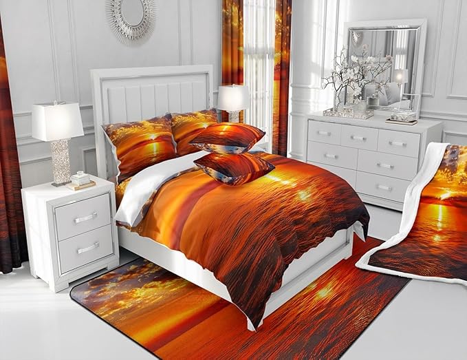 Manfei Sea Sunset Kids Sheet Set Queen Size, Tropical Ocean Theme Bedding Set for Boys Girls Teens Bedroom Decor, Sunset Landscape Bed Sheet Set 4pcs (Fitted Sheet, Flat Sheet, 2 Pillowcases)