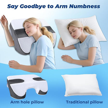 SAHEYER Side Sleeper Pillow with Arm Holes, 2 in 1 Shoulder Relief System for Rotator Cuff Pain, Memory Foam Pillow for Adults with 3 Arm Place Hole - for Side, Back and Stomach, Black