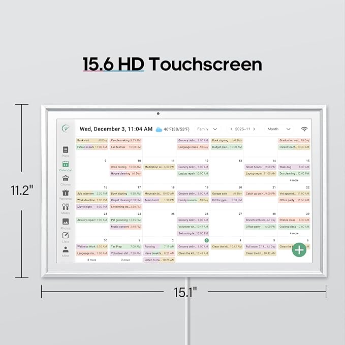 Digital Calendar 15.6 Inch Smart Electronic Family Planner with Chore Chart Display, IPS HD Touch Screen with WiFi App Control, Share Photos, Videos and Sound Reminder,white