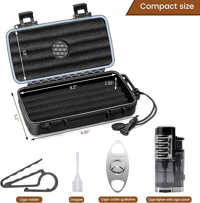 Flauno Travel Cigar Humidor Case - Portable Humidor Kit with Lighter (Without Gas), Cutter, Holder, Humidifier & Dropper, Waterproof, Crushproof, Airtight Seal (Holds up to 5 Cigars)