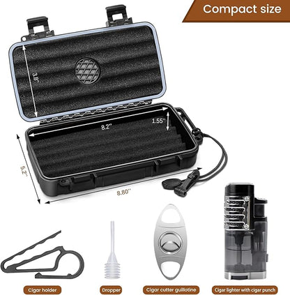 Flauno Travel Cigar Humidor Case - Portable Humidor Kit with Lighter (Without Gas), Cutter, Holder, Humidifier & Dropper, Waterproof, Crushproof, Airtight Seal (Holds up to 5 Cigars)